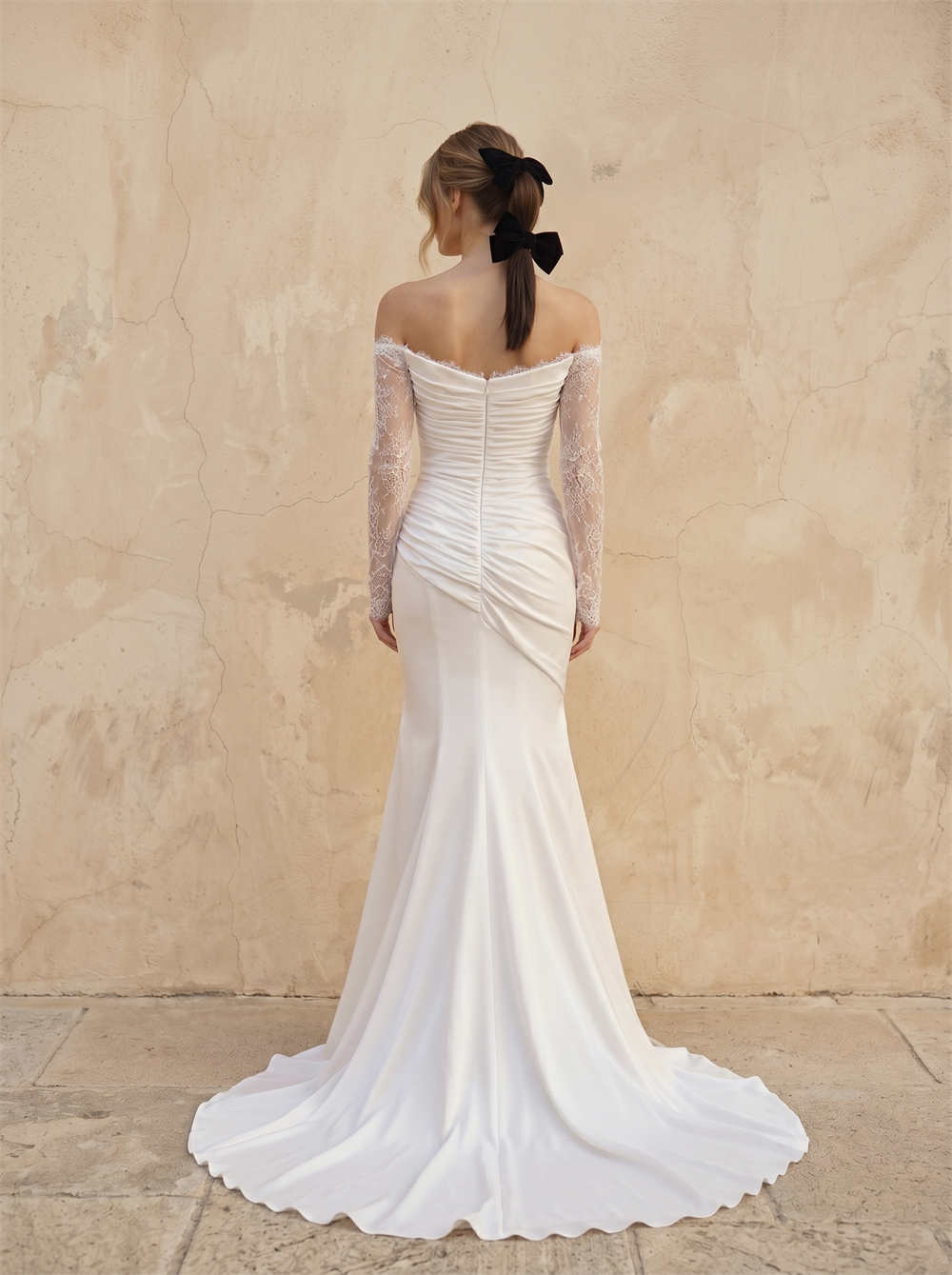 Off Shoulder Lace Long Sleeve Satin Mermaid Wedding Dress With High Slit