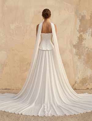 Strapless Structured Corset Chiffon Wedding Dress With Flowing Cape Train