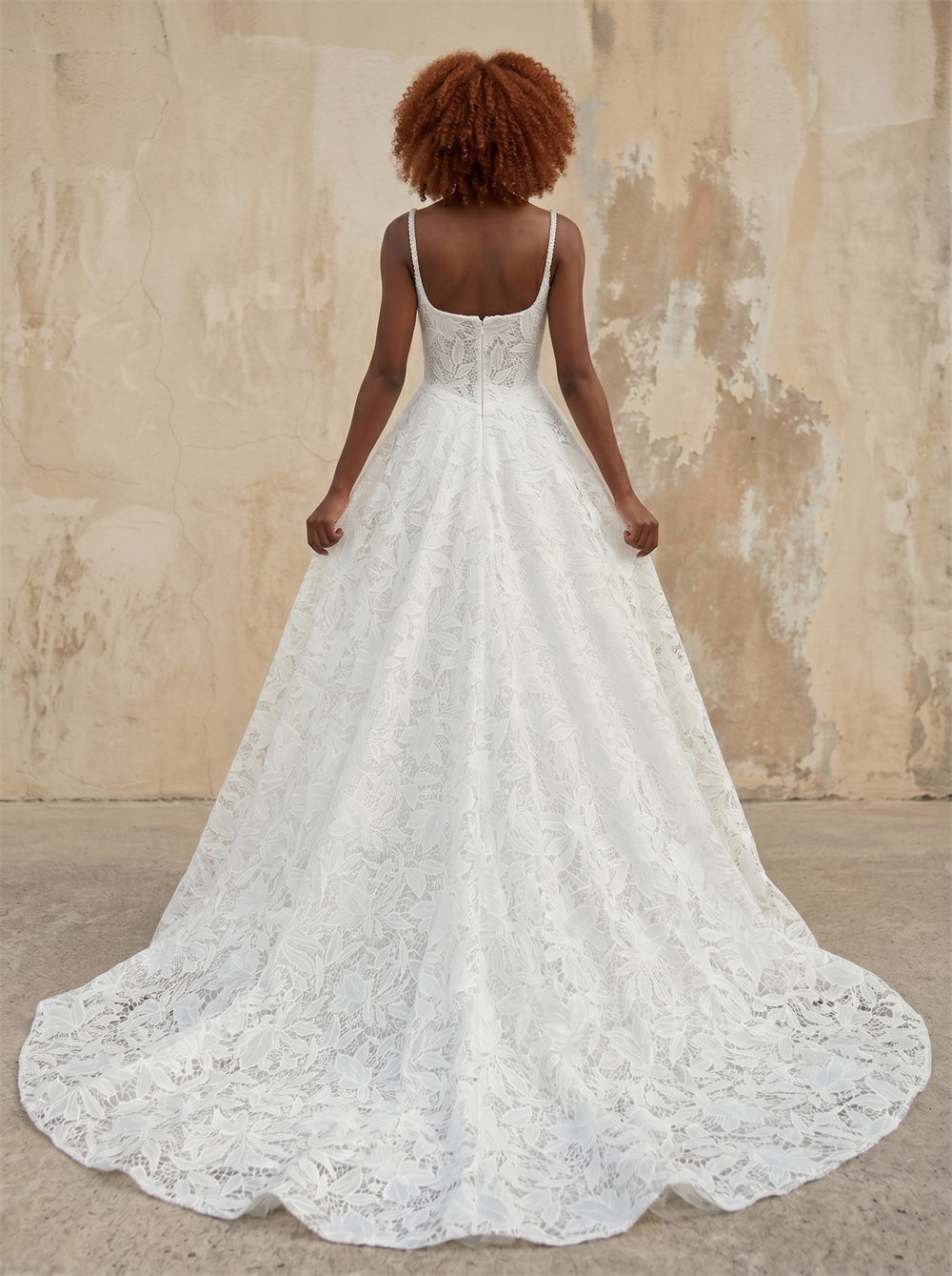 Square Neck Spaghetti Strap Leaf Lace Ball Gown Wedding Dress with Full A-Line Skirt