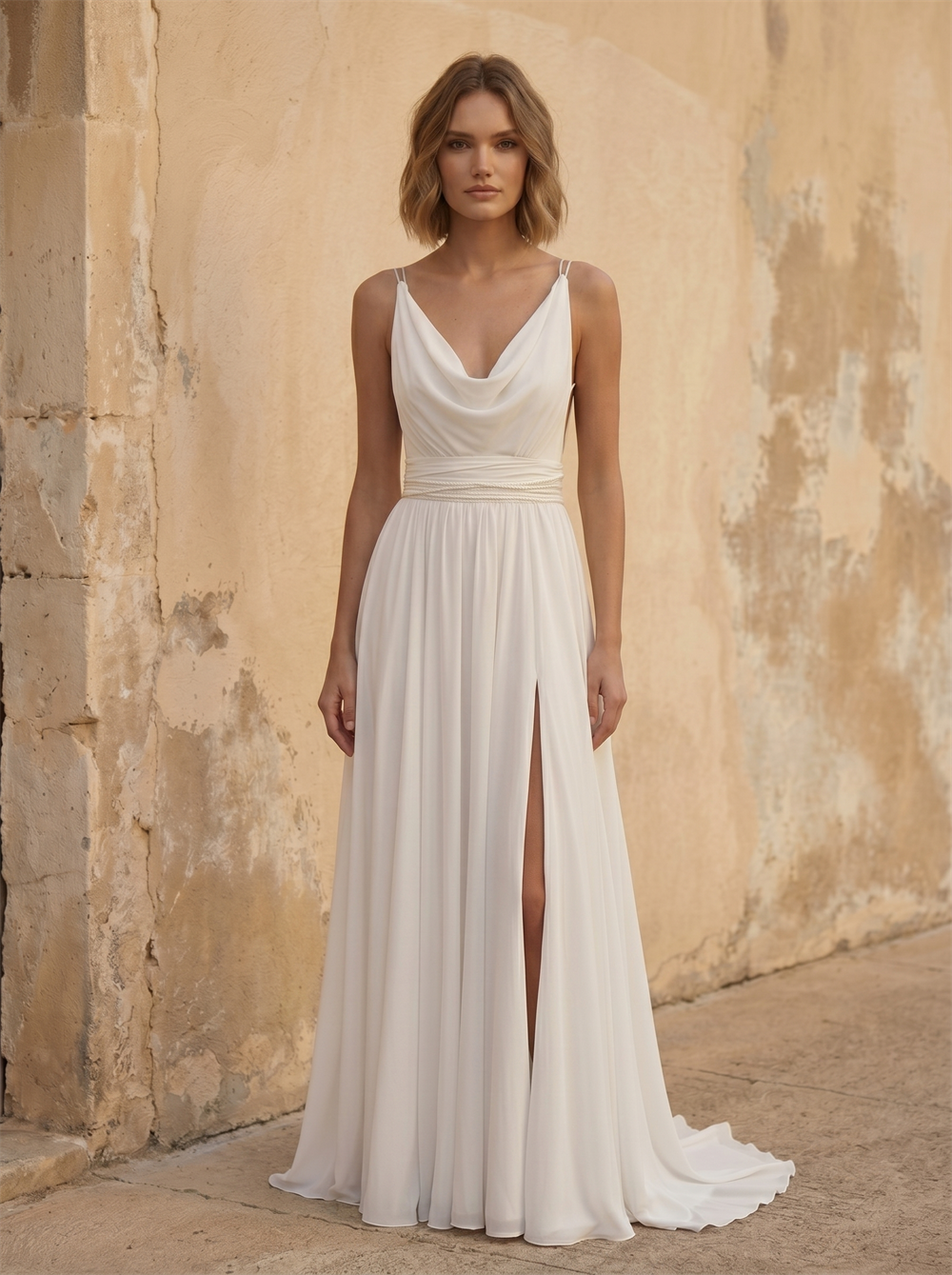Draped Cowl V Neck Spaghetti Strap Chiffon Wedding Dress With High Side Slit & Beaded Waistband