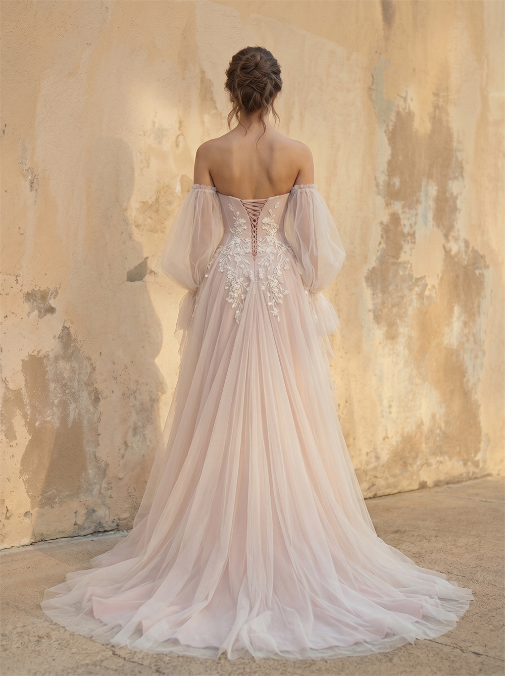 Off-The-Shoulder Puff Long Sleeves Lace Applique Blush Tulle A-Line Wedding Dress