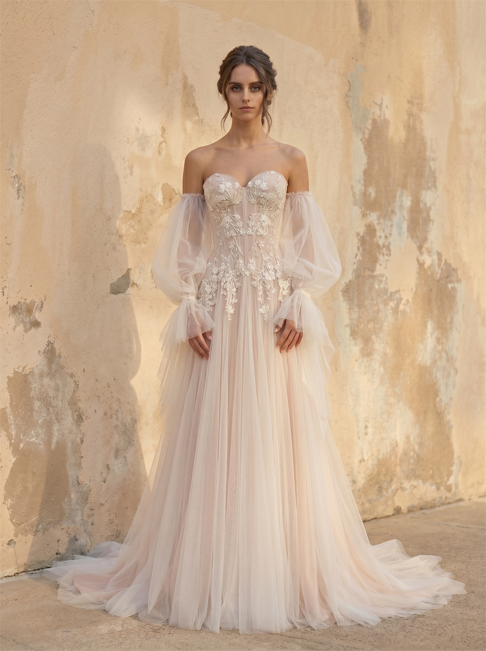 Off-The-Shoulder Puff Long Sleeves Lace Applique Blush Tulle A-Line Wedding Dress
