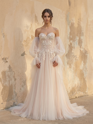 Off-The-Shoulder Puff Long Sleeves Lace Applique Blush Tulle A-Line Wedding Dress