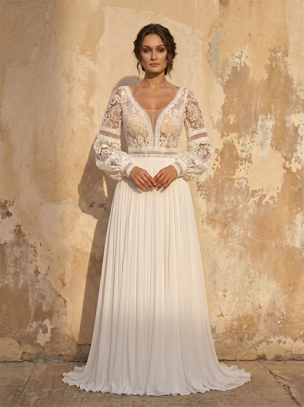 Deep V Neck Long Puff Sleeve Floral Lace Bodice Pleated Chiffon A Line Wedding Dress