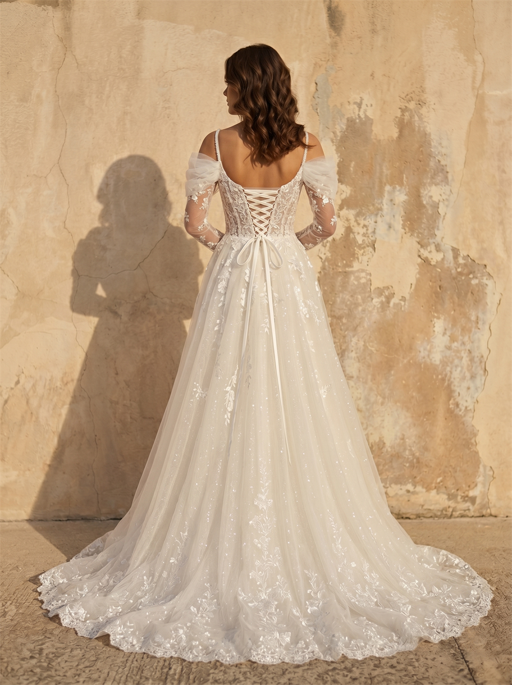 Off Shoulder Puff Long Sleeve Floral Lace Sparkly Tulle A-Line Wedding Dress