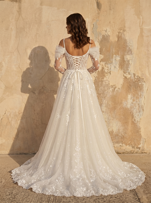 Off Shoulder Puff Long Sleeve Floral Lace Sparkly Tulle A-Line Wedding Dress