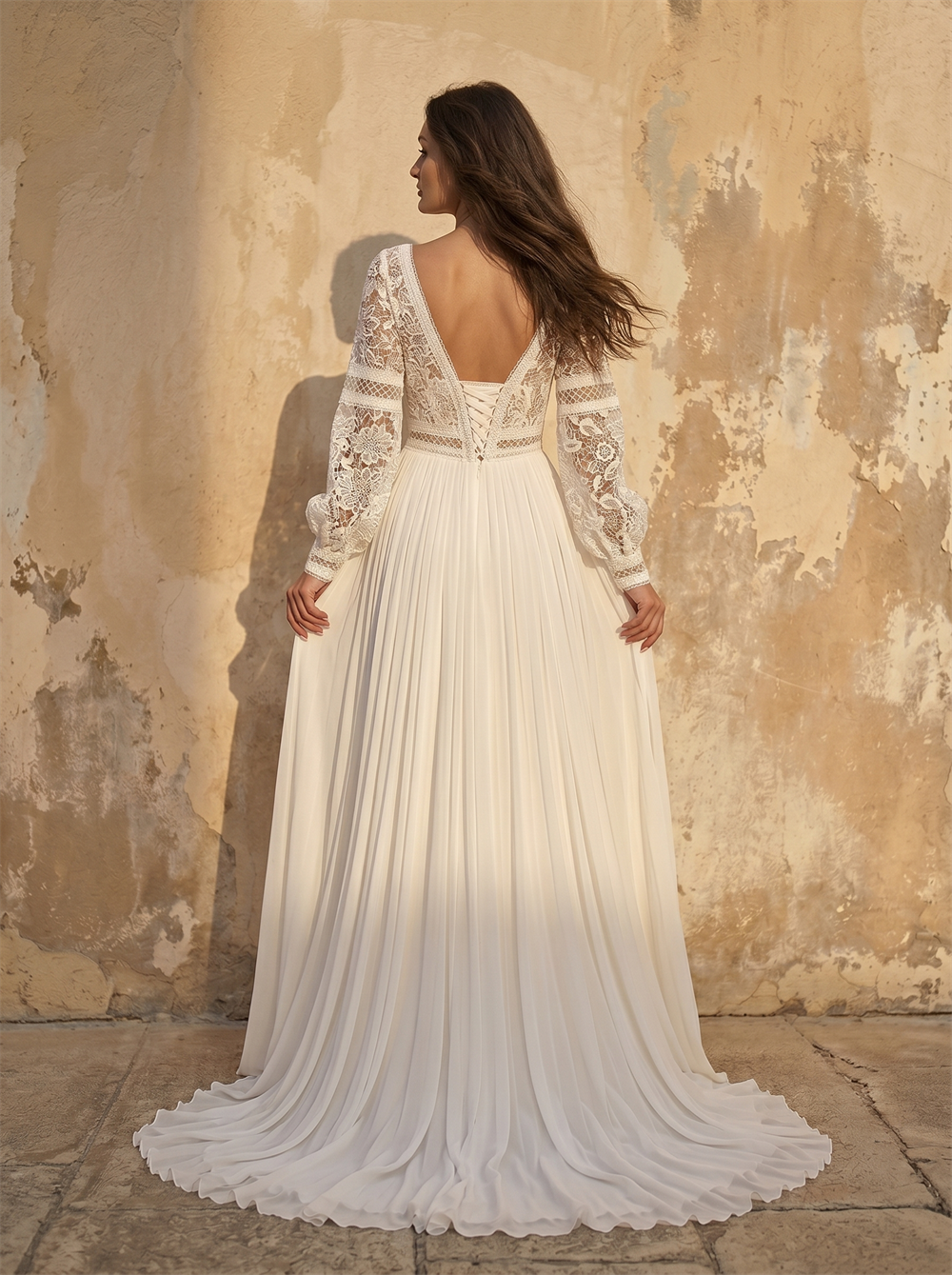 Deep V Neck Long Puff Sleeve Floral Lace Bodice Pleated Chiffon A Line Wedding Dress