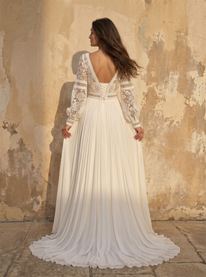 Deep V Neck Long Puff Sleeve Floral Lace Bodice Pleated Chiffon A Line Wedding Dress