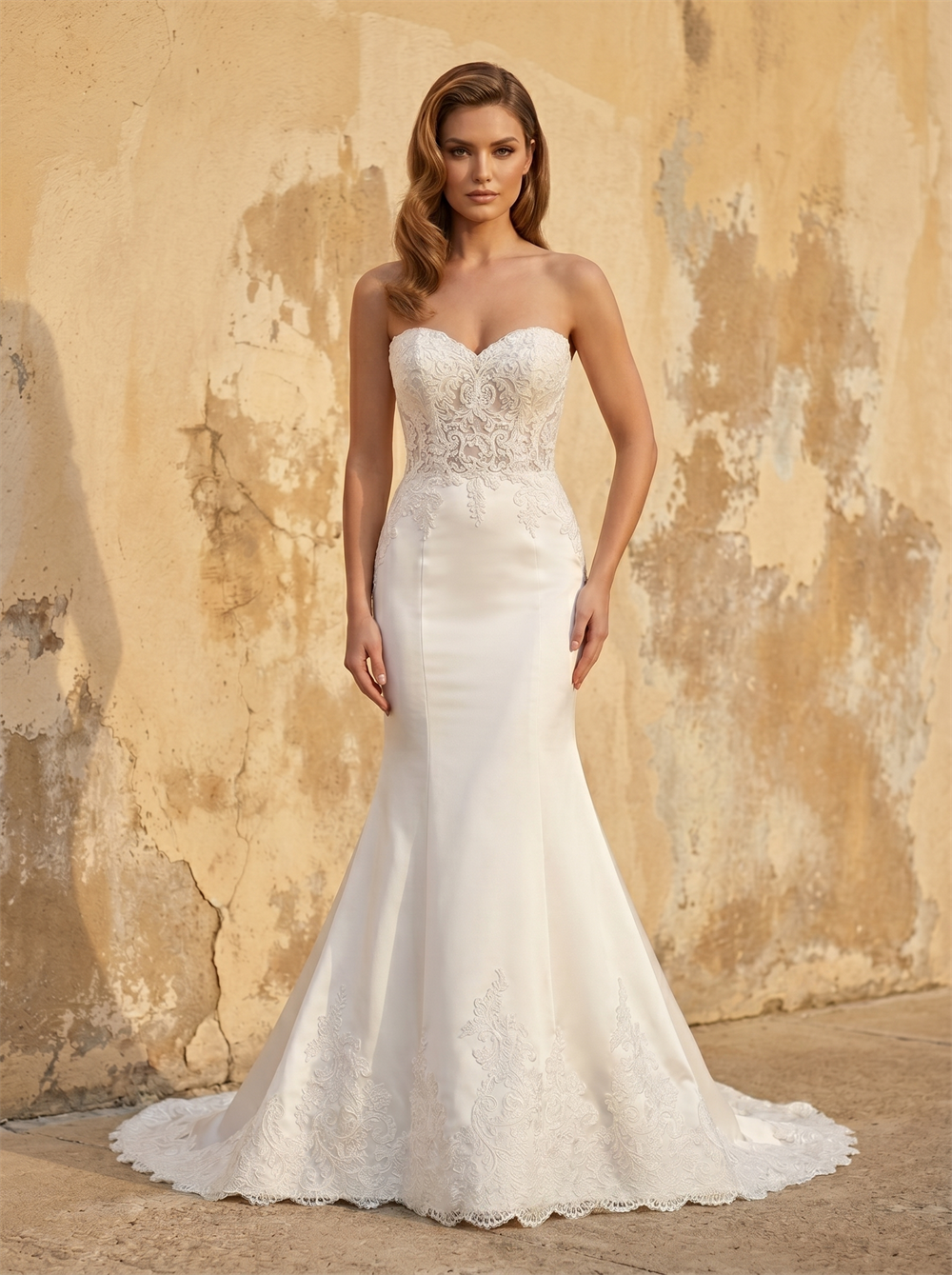Strapless Sweetheart Lace Bodice Satin Mermaid Wedding Dress With Lace Hem Train