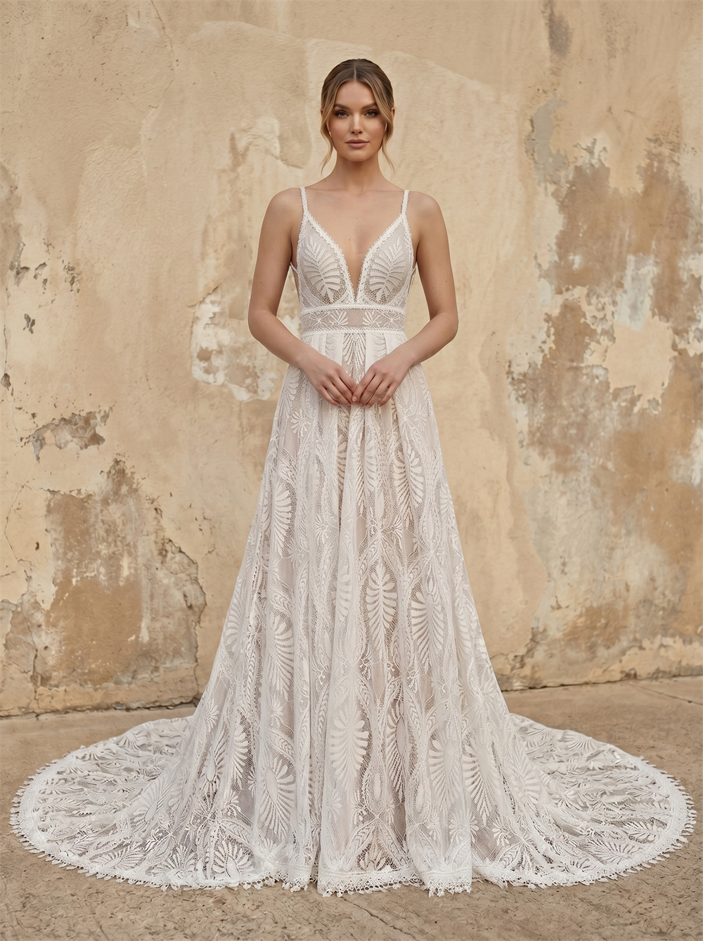Deep V Long Puff Sleeve Leaf Lace A-Line Wedding Dress With Detachable Jacket Cathedral Train