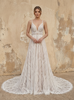 Deep V Long Puff Sleeve Leaf Lace A-Line Wedding Dress With Detachable Jacket Cathedral Train