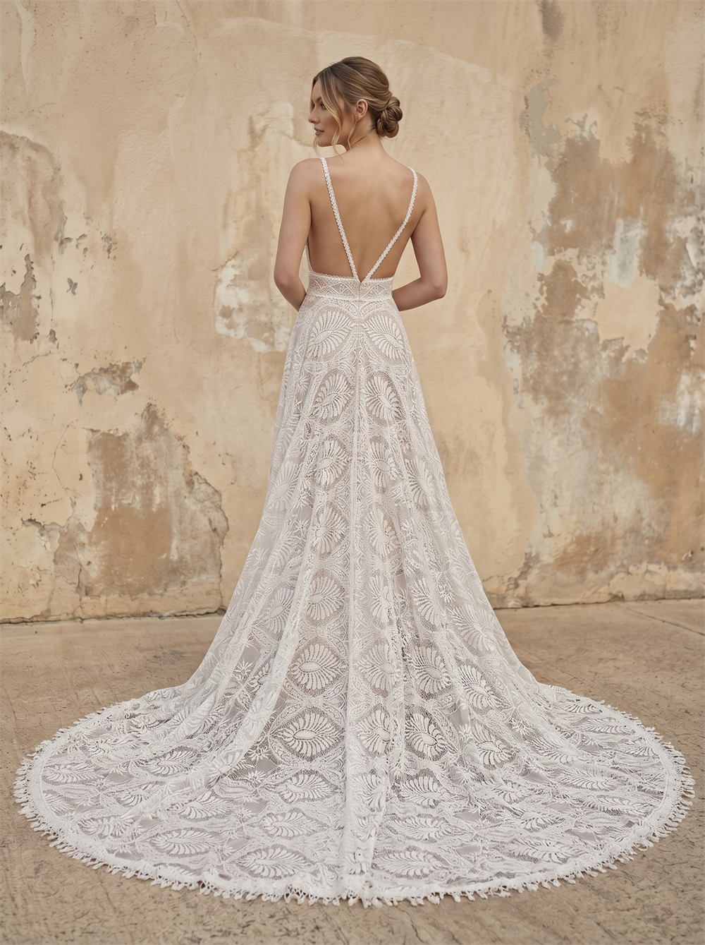 Deep V Long Puff Sleeve Leaf Lace A-Line Wedding Dress With Detachable Jacket Cathedral Train