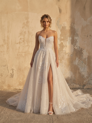 Strapless Sweetheart Leaf Lace Glitter Tulle A-Line Wedding Dress With High Leg Slit