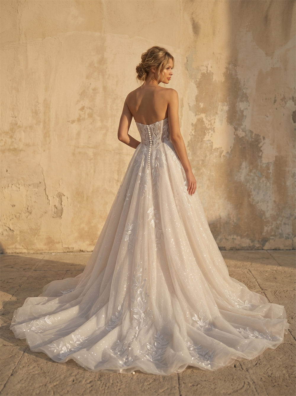 Strapless Sweetheart Leaf Lace Glitter Tulle A-Line Wedding Dress With High Leg Slit
