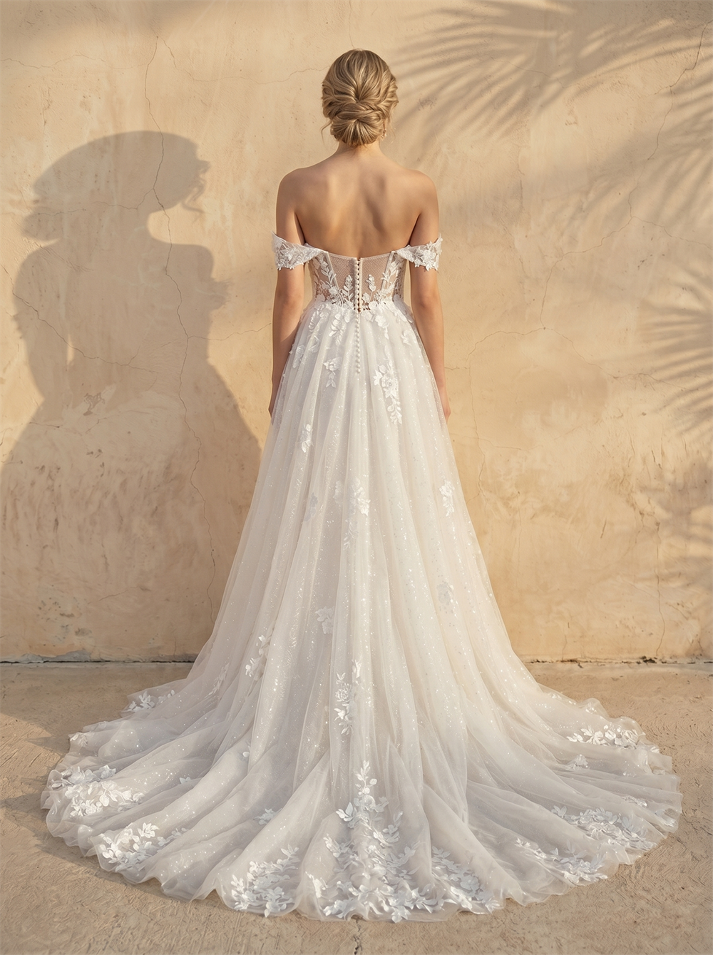 Off The Shoulder 3D Floral Corset Glitter Tulle Wedding Dress With High Slit