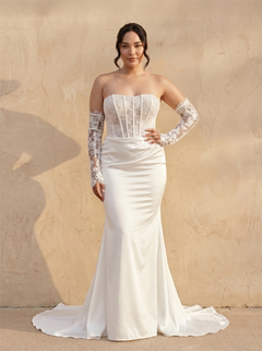 Strapless Lace Corset Satin Mermaid Wedding Dress Detachable Long Lace Sleeve Low Back Button Train Bridal Dress