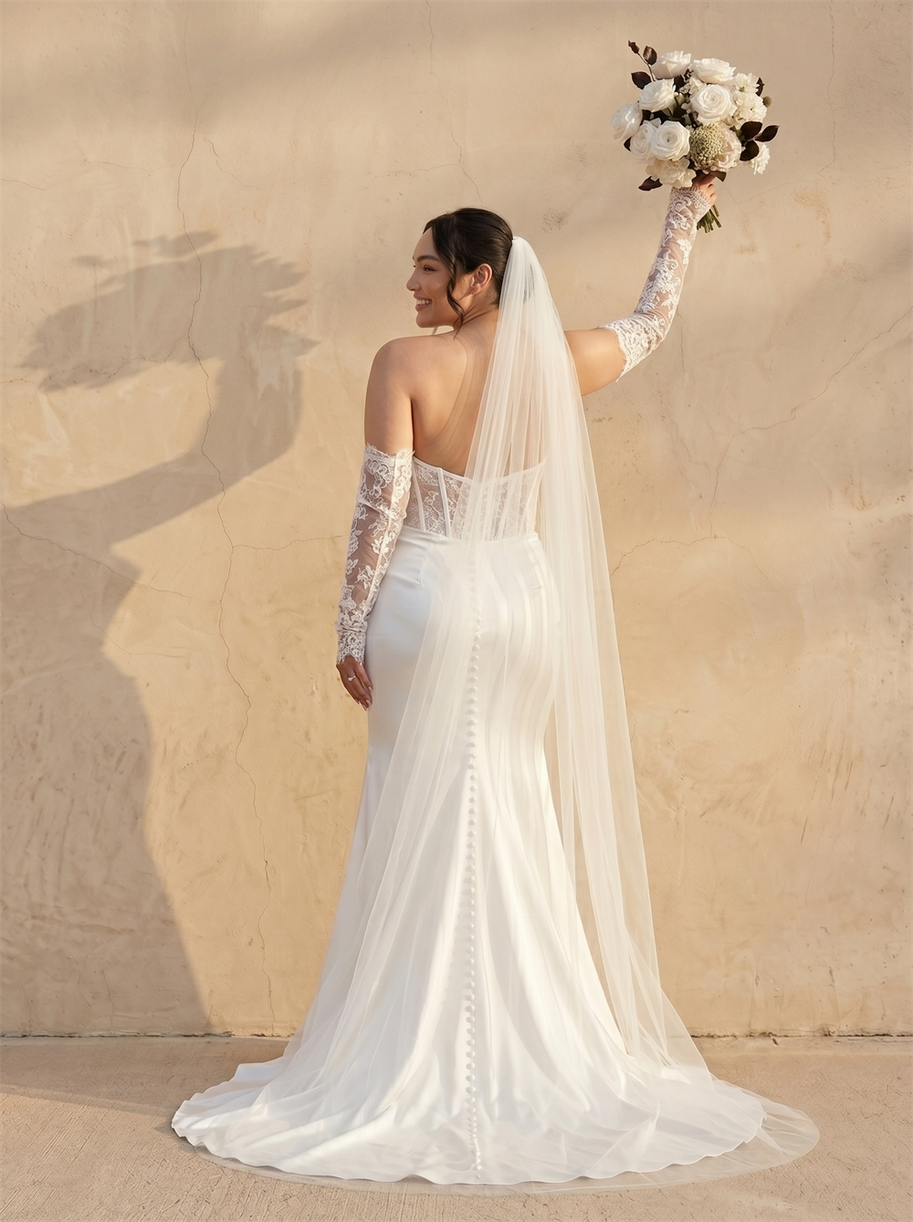 Strapless Lace Corset Satin Mermaid Wedding Dress Detachable Long Lace Sleeve Low Back Button Train Bridal Dress