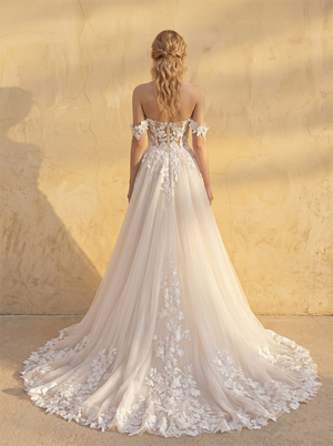 Off Shoulder Sweetheart Floral Lace Corset Tulle A Line Wedding Dress Sheer Back Scalloped Cathedral Train Bridal Dress