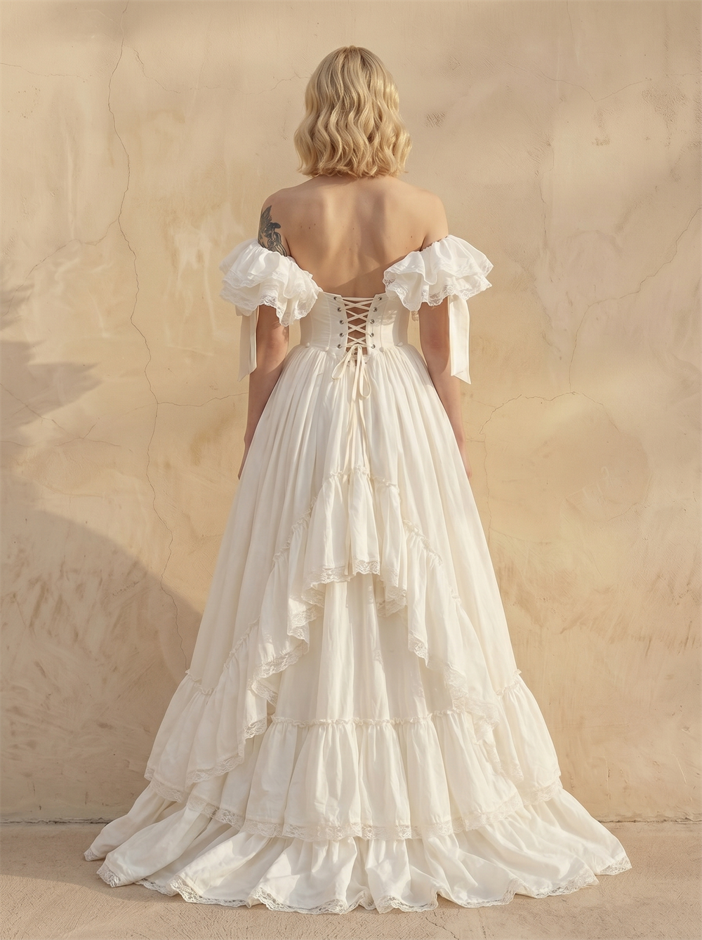 Off Shoulder Ruffled Lace Corset Tiered A Line Wedding Dress Lace-Up Back Big Bow Vintage Bridal Dress
