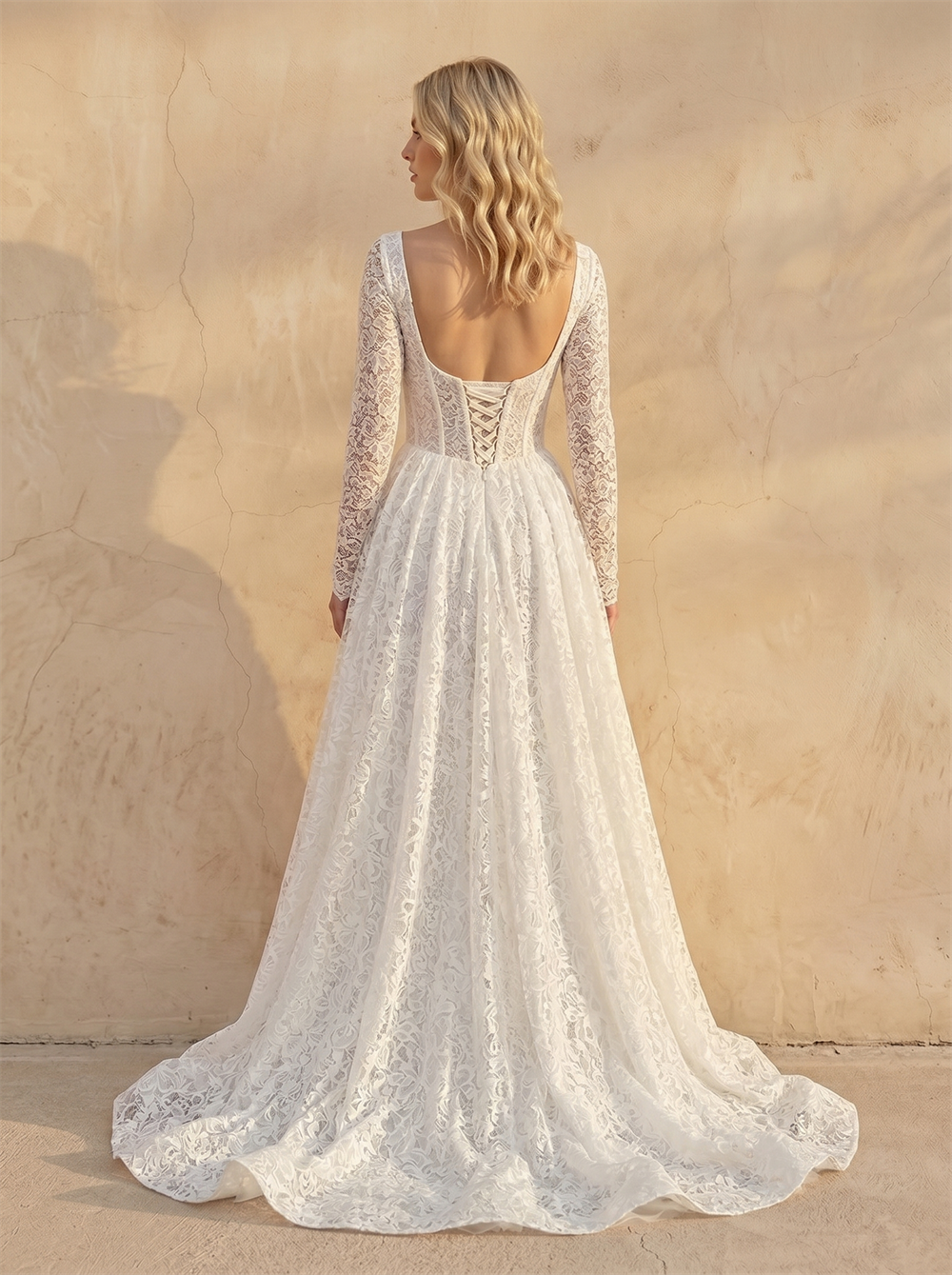 Square Neck Long Sleeve Lace Corset A Line Wedding Dress High Side Slit Lace Up Back Chapel Train Bridal Dress