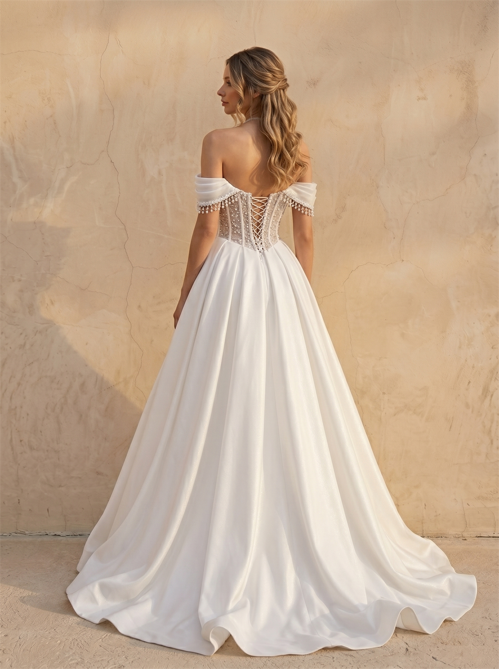Off Shoulder Beaded Corset Satin A Line Wedding Dress Adjustable Lace Up Back Ball Gown Bridal Dress