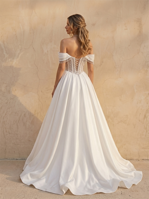 Off Shoulder Beaded Corset Satin A Line Wedding Dress Adjustable Lace Up Back Ball Gown Bridal Dress