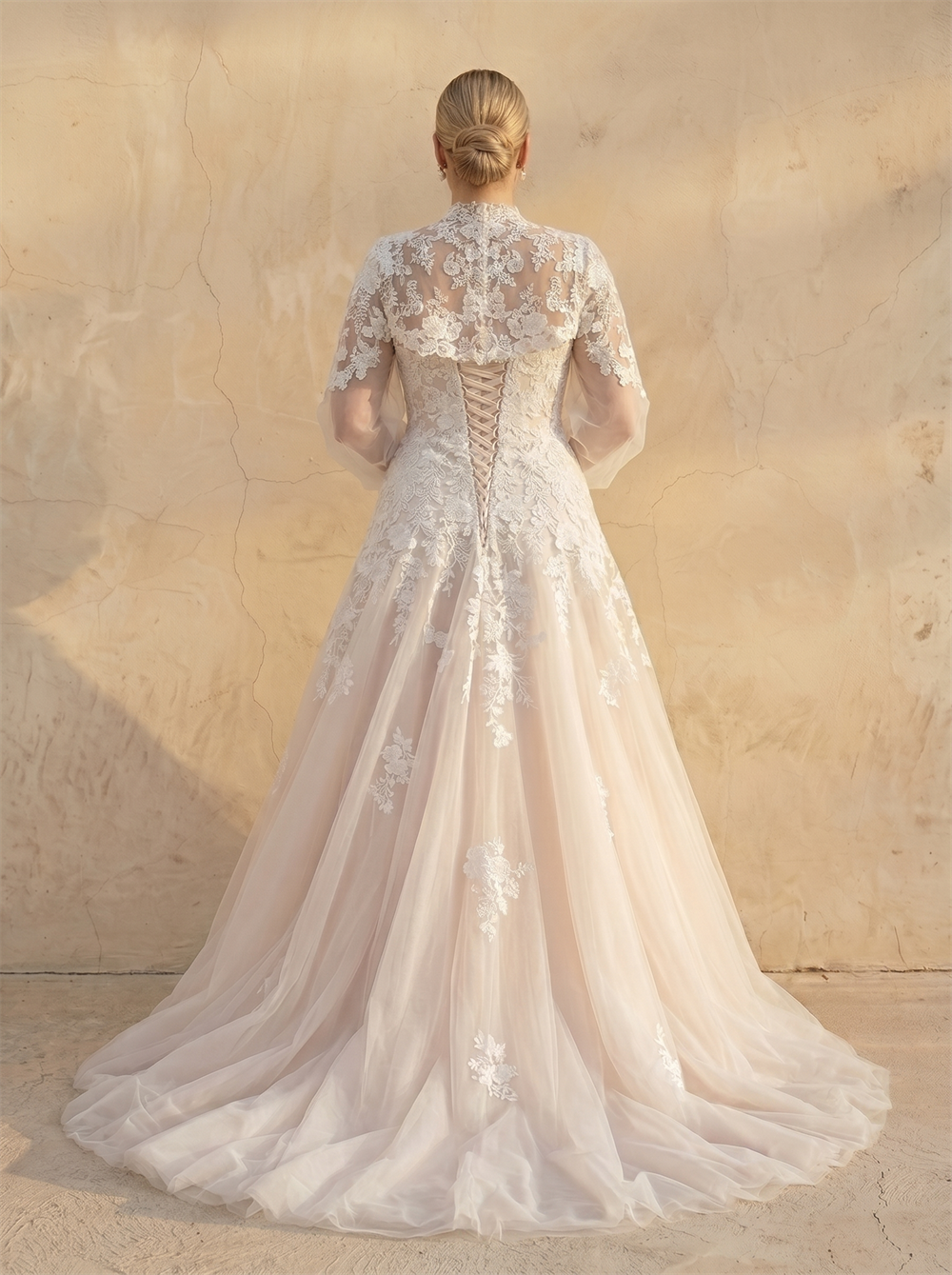 High Neck Puff Long Sleeve Floral Lace Tulle A Line Wedding Dress Lace-Up Back Modest Ballgown Bridal Dress