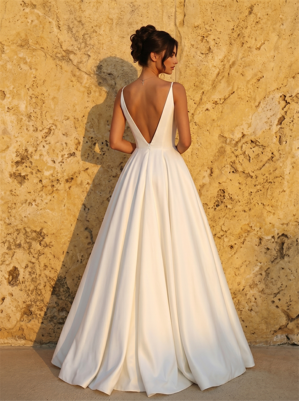Spaghetti Strap Deep V Satin A Line Wedding Dress Low V Back High Thigh Slit Minimalist Bridal Dress
