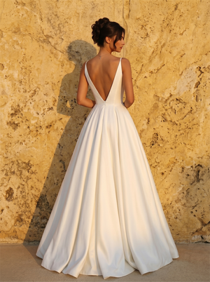 Spaghetti Strap Deep V Satin A Line Wedding Dress Low V Back High Thigh Slit Minimalist Bridal Dress