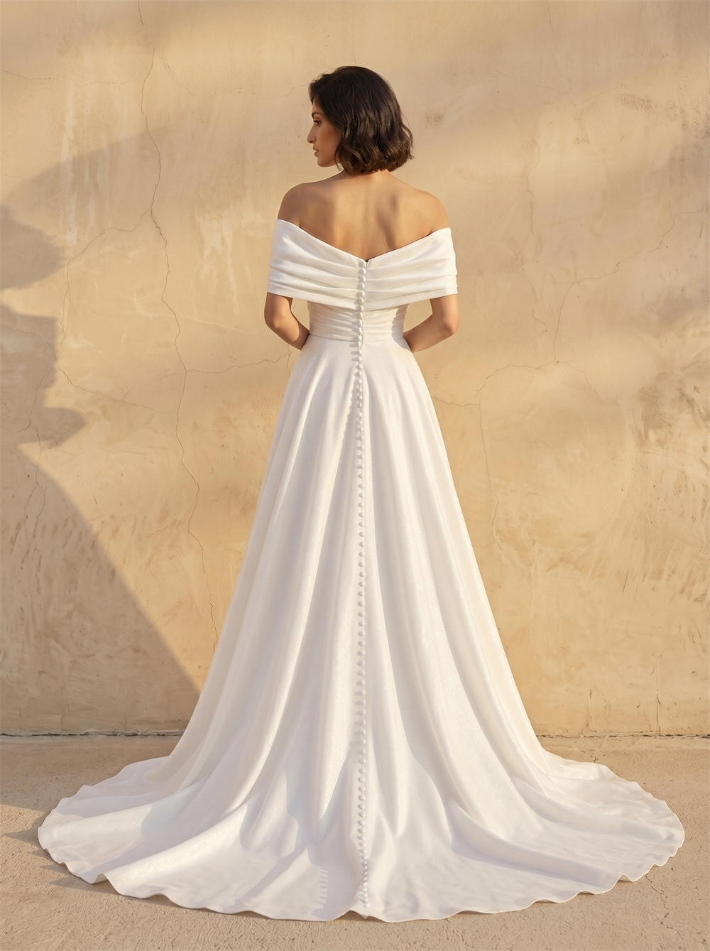 Off Shoulder Draped Satin A Line Wedding Dress Ruched Waist High Slit Back Button Chapel Train Bridal Dress