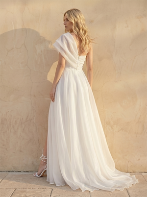 One Shoulder Draped Chiffon A Line Wedding Dress Floral Lace Waist High Side Slit Zip Back Bridal Dress