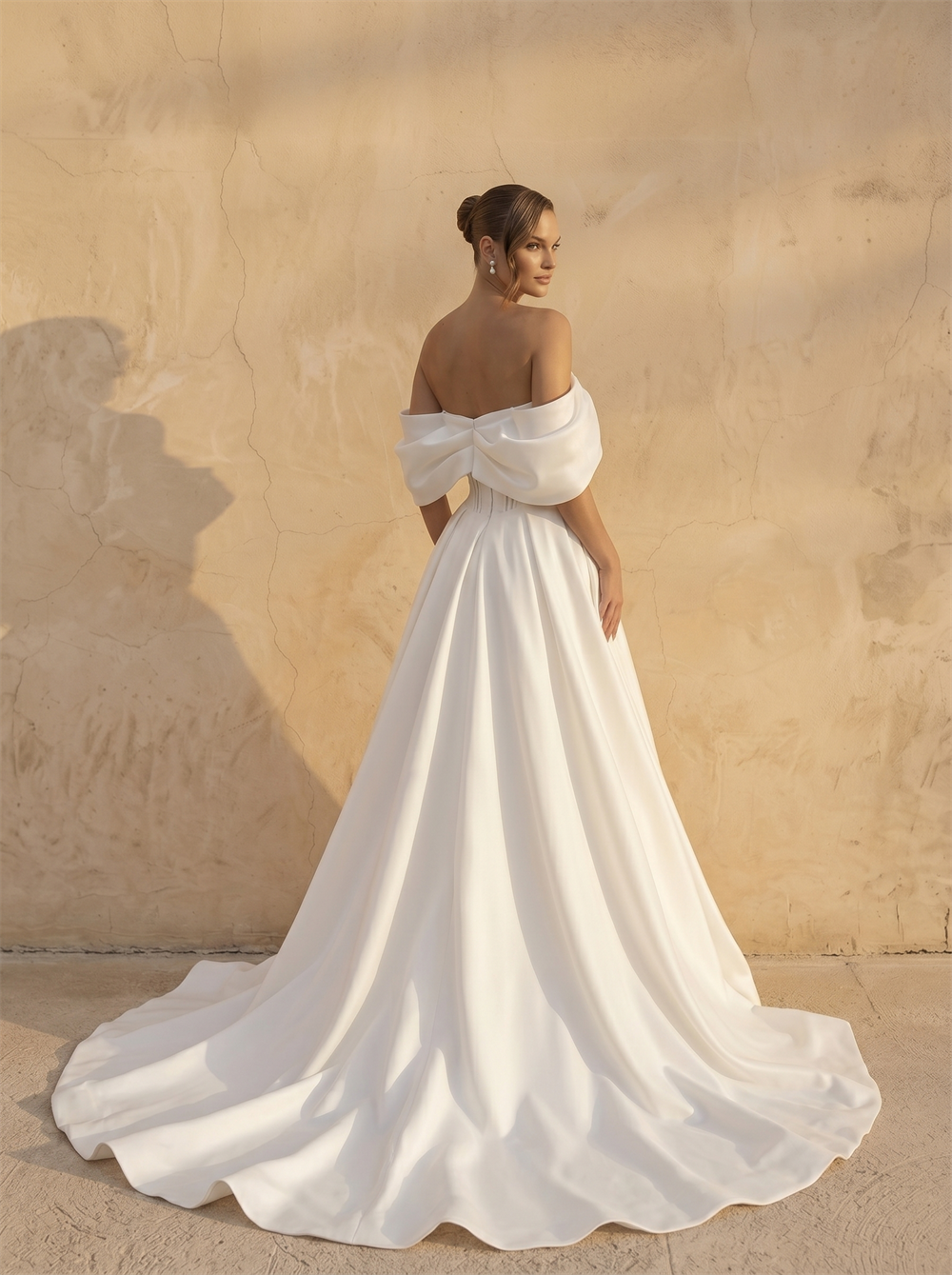 Off Shoulder Fold Satin Corset A Line Wedding Dress Sheer Lace Boned Bodice Lace-Up Back Chapel Train Bridal Dress