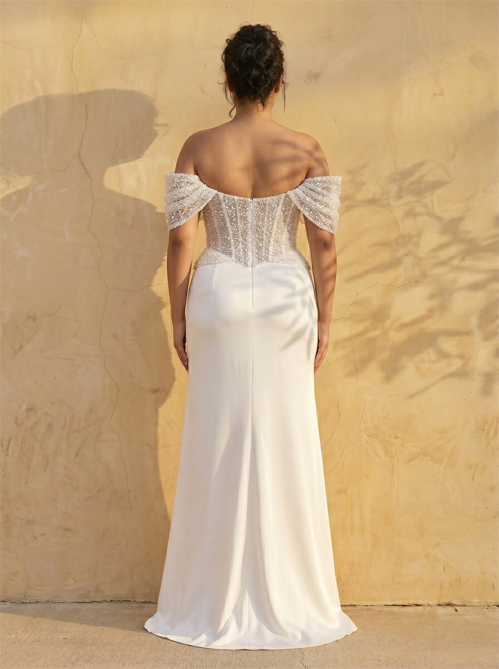 Off Shoulder Pleated Beaded Corset Satin Mermaid Wedding Dress Ruched Waist Invisible Zip Back Luxury Bridal Dress