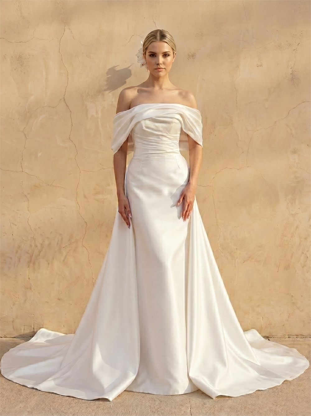 Off Shoulder Draped Satin Mermaid Wedding Dress Ruched Waist Detachable Overskirt Zip Back Elegant Bridal Dress