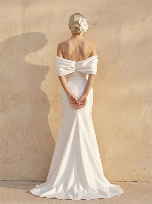 Off Shoulder Draped Satin Mermaid Wedding Dress Ruched Waist Detachable Overskirt Zip Back Elegant Bridal Dress