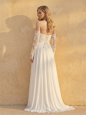 Strapless Ruched Floral Lace Chiffon A Line Wedding Dress Detachable Long Lace Sleeve High Slit Lace Up Back Bridal Dress