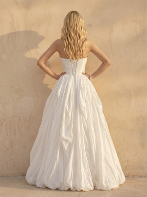 Strapless Ruched Corset Voluminous Ball Gown Wedding Dress High Side Slit Lace-Up Back Bubble Hem Bridal Dress