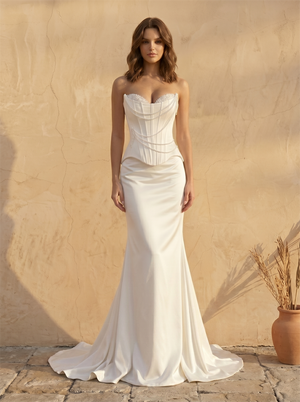 Strapless Pearl Beaded Peplum Corset Satin Mermaid Wedding Dress Lace-Up Back Slim Fit Chapel Train Luxury Bridal Dress