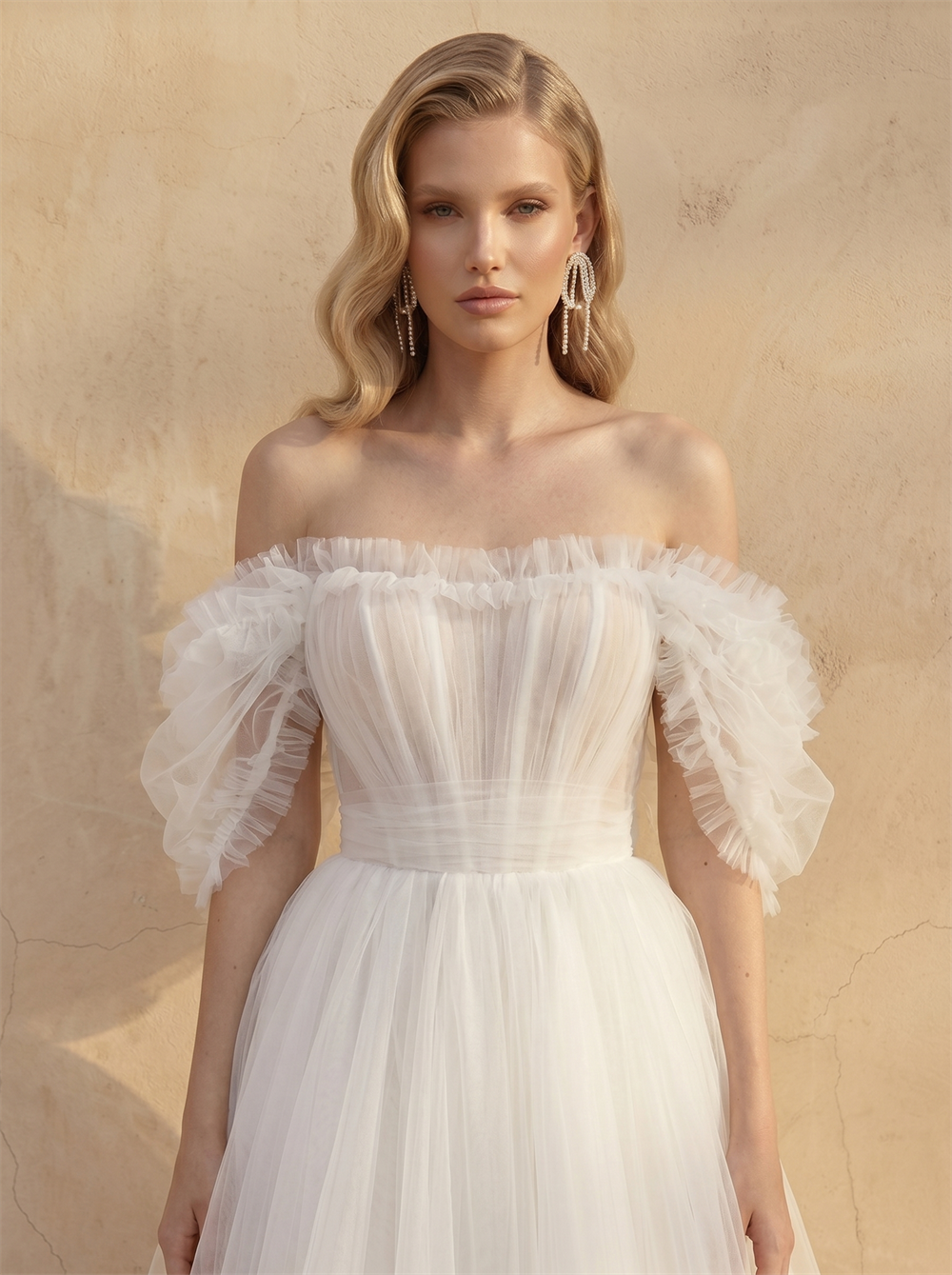 Off Shoulder Ruffled Puff Tulle A Line Wedding Dress Sheer Corset Bodice Tiered Ruffle Skirt Lace-Up Back Romantic Bridal Dress