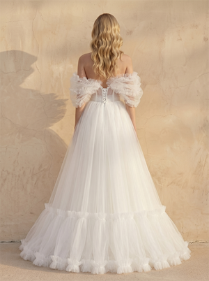 Off Shoulder Ruffled Puff Tulle A Line Wedding Dress Sheer Corset Bodice Tiered Ruffle Skirt Lace-Up Back Romantic Bridal Dress