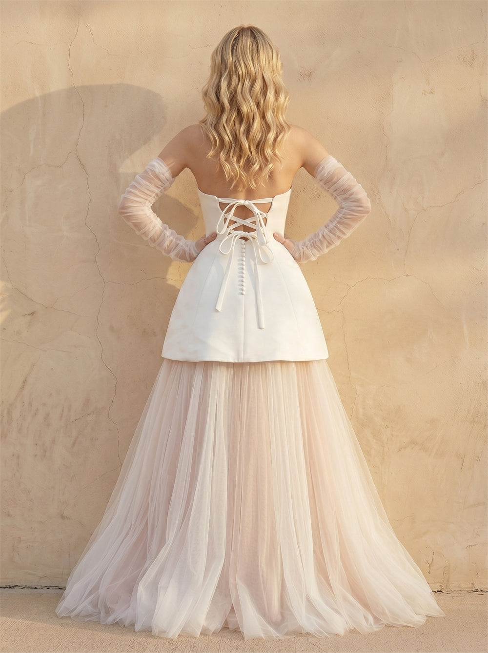 Strapless Two Tier Satin Tulle Wedding Dress Detachable Sheer Long Sleeve Romantic Blush Layered Bridal Dress