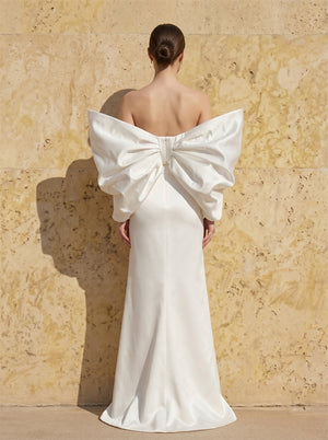 Strapless Off Shoulder Oversized Puff Sleeve Satin Mermaid Wedding Dress Back Big Bow Luxury Fitted Bridal Dress