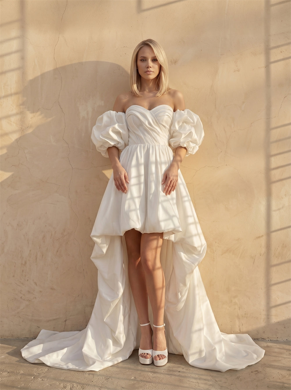 Strapless Off Shoulder Oversized Puff Sleeve Satin Mermaid Wedding Dress Back Big Bow Luxury Fitted Bridal Dress