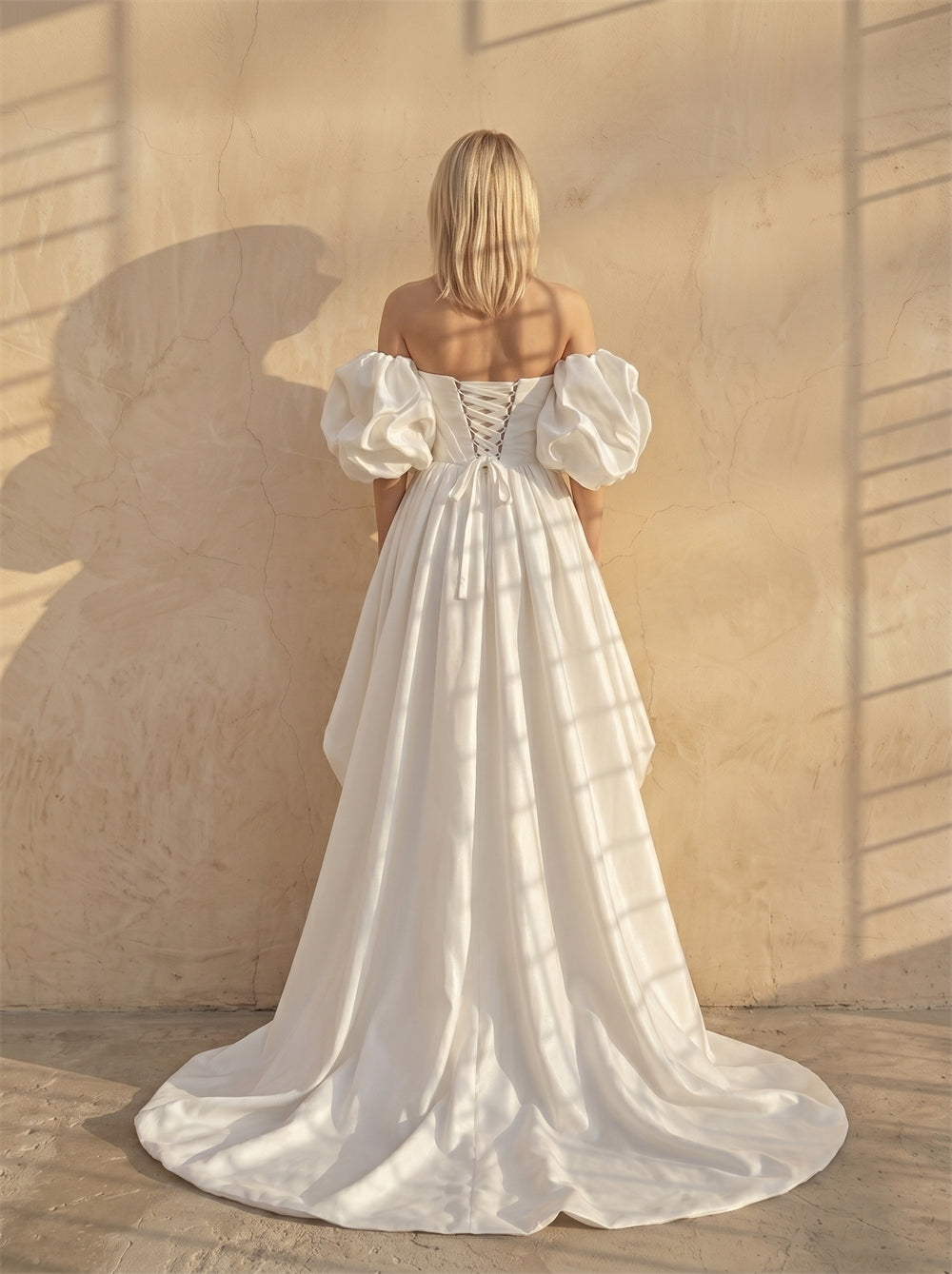 Strapless Off Shoulder Oversized Puff Sleeve Satin Mermaid Wedding Dress Back Big Bow Luxury Fitted Bridal Dress