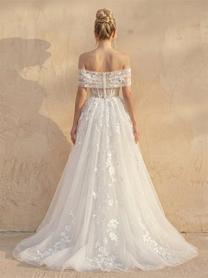 Off Shoulder Floral Lace Corset Sparkle Tulle A Line Wedding Dress Sheer Button Back Romantic Long Train Bridal Dress
