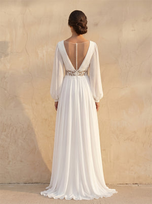 Deep V Puff Long Sleeve Chiffon Wedding Dress Lace Waist High Slit Flowy A Line Bridal Dress