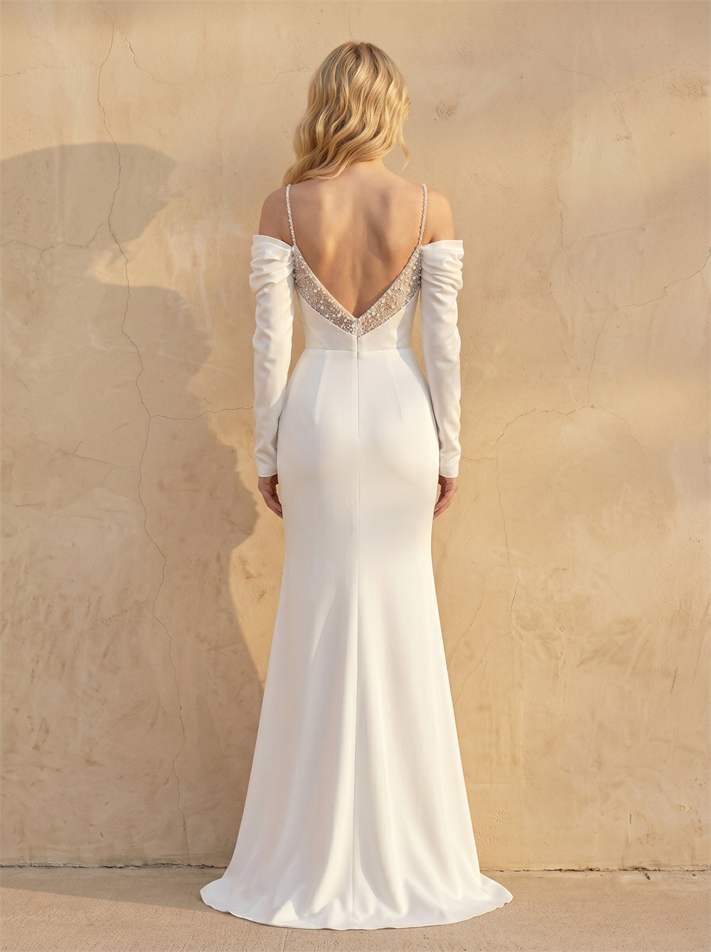 Off Shoulder Draped Beaded Spaghetti Strap Long Sleeve Satin Mermaid Wedding Dress Fitted Elegant Bridal Dress