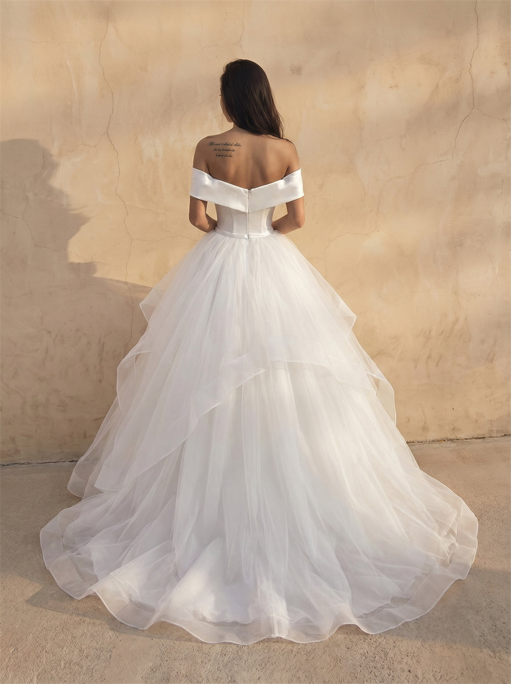 Off Shoulder Deep V Satin Corset Ruffled Layered Tulle Ball Gown Wedding Dress Princess Voluminous Bridal Dress