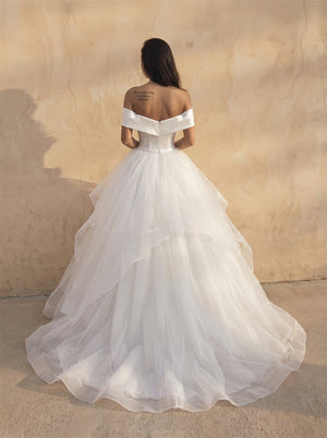 Off Shoulder Deep V Satin Corset Ruffled Layered Tulle Ball Gown Wedding Dress Princess Voluminous Bridal Dress