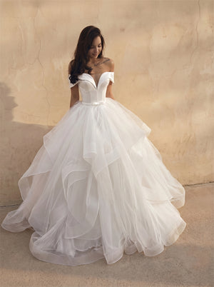 Off Shoulder Deep V Satin Corset Ruffled Layered Tulle Ball Gown Wedding Dress Princess Voluminous Bridal Dress